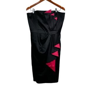WHBM Black Satin Strapless Cocktail Dress with Pink Pleated Size 14 NWT $168
